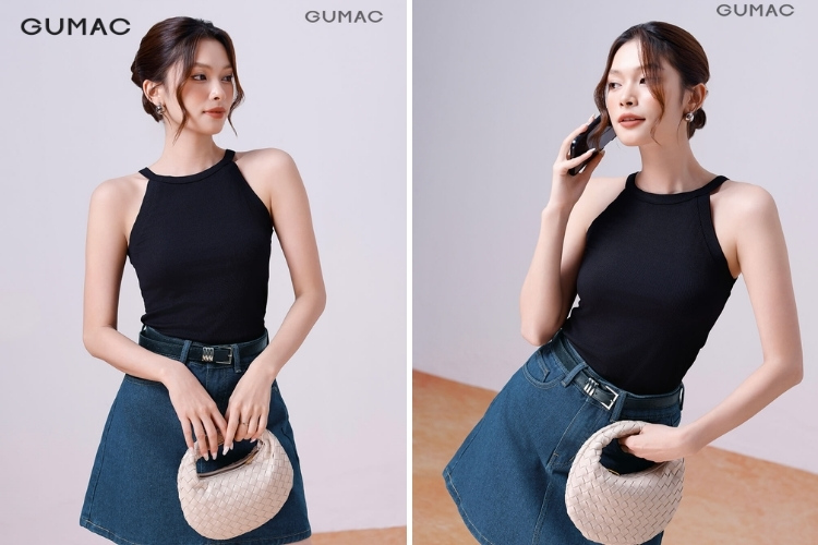 mix áo dây với chân váy jean