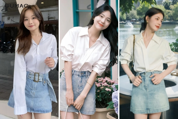 mix chân váy jean cùng với áo sơ mi thanh lịch