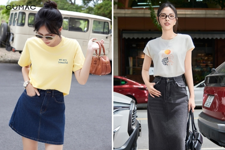 phối áo thun với chân váy jean basic