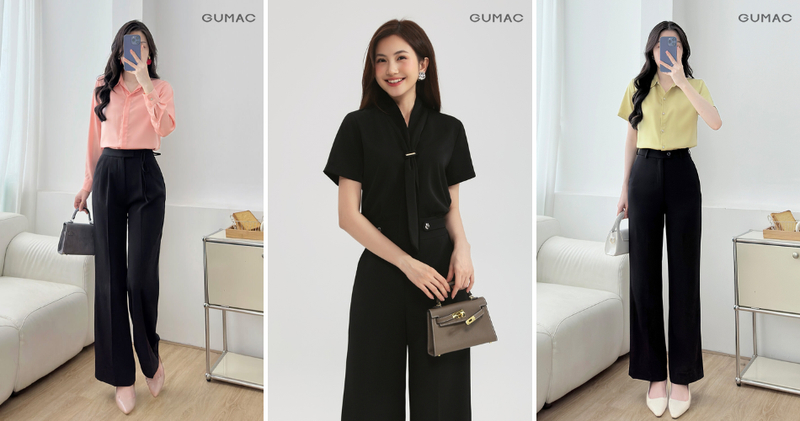 Phối đồ công sở với áo sơ mi basic với quần tây ống rộng.