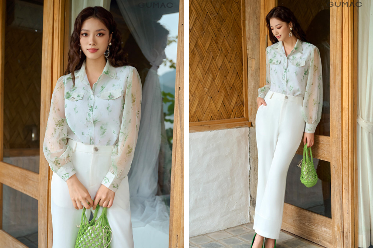 Outfit đi Châu Đốc cùng áo sơ mi họa tiết mix quần âu ở chùa Long Sơn