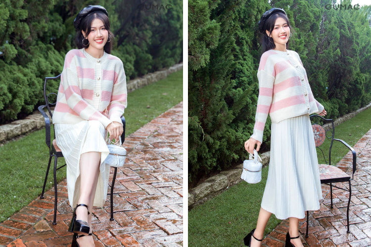 Áo cardigan mix với chân váy