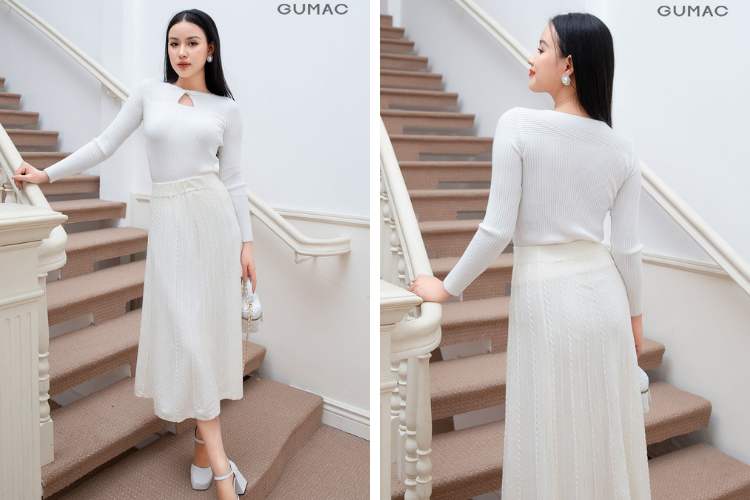 Áo len với chân váy dài
