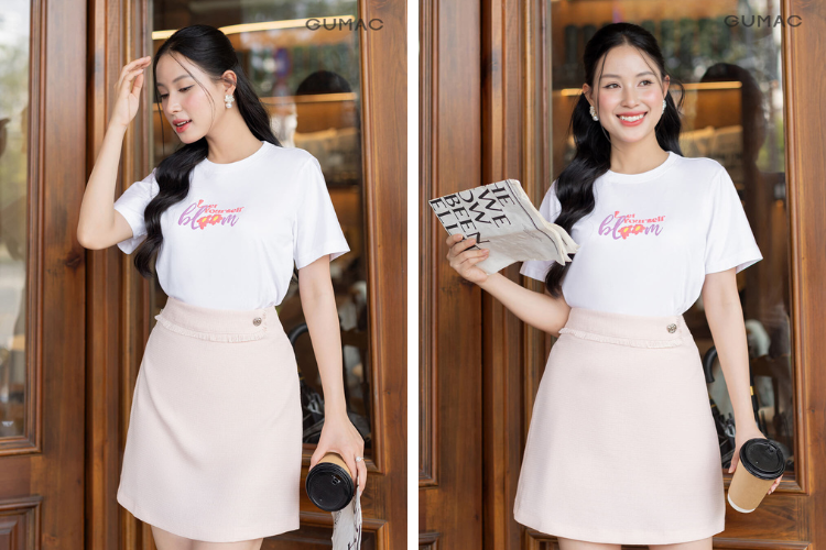 Áo thun mix cùng chân váy