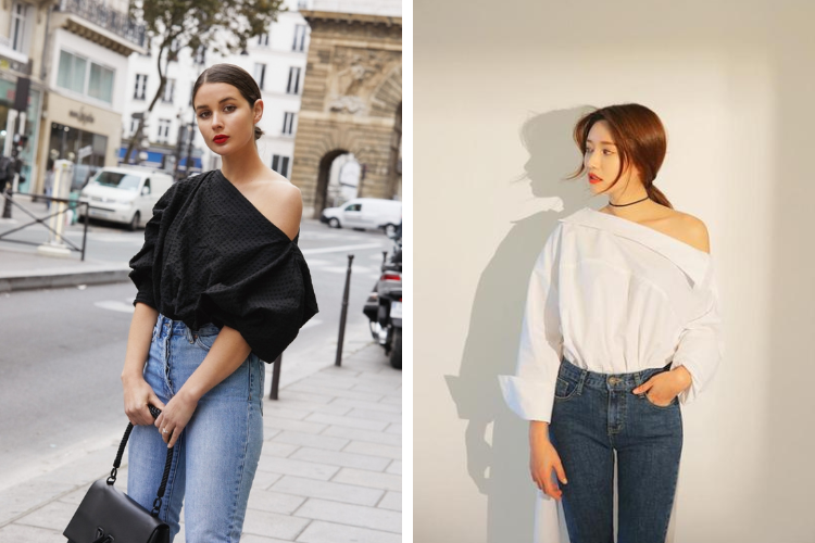 Áo lệch vai kết hợp cùng quần jean