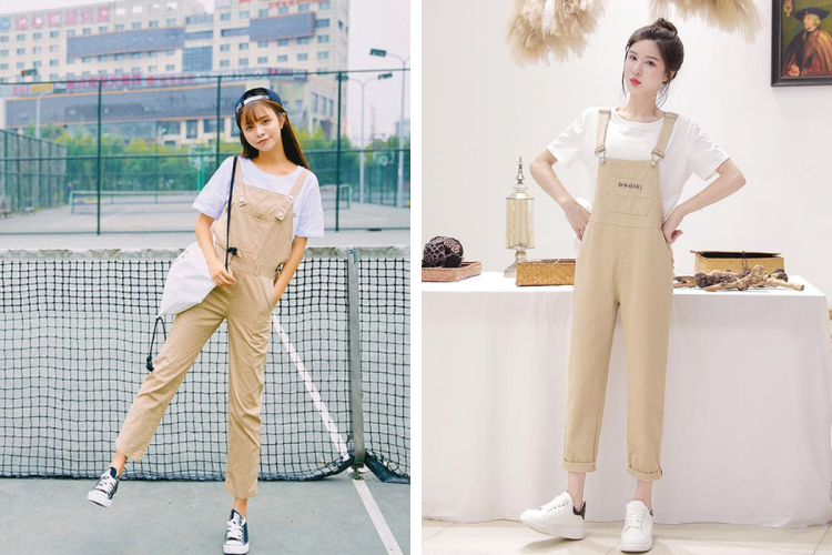 Quần yếm phối với áo thun