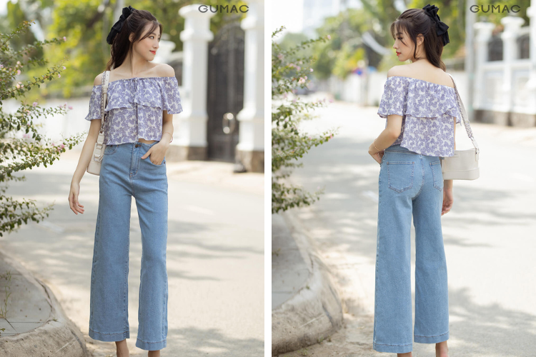 áo croptop với quần jean ống rộng