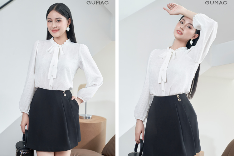Áo sơ mi kiểu kết hợp cùng chân váy