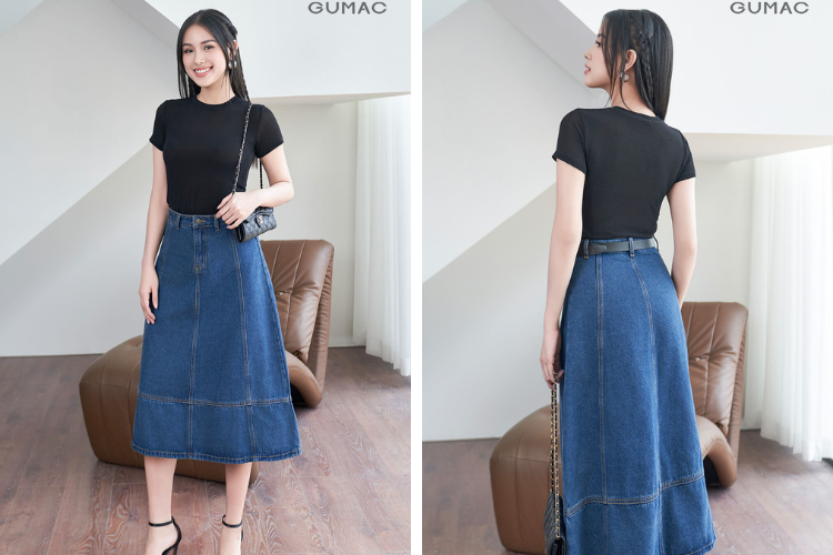 Áo phông mix cùng chân váy jean