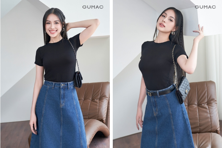 Chân váy jean mix cùng áo thun ôm body Chân váy jean mix cùng áo thun ôm body