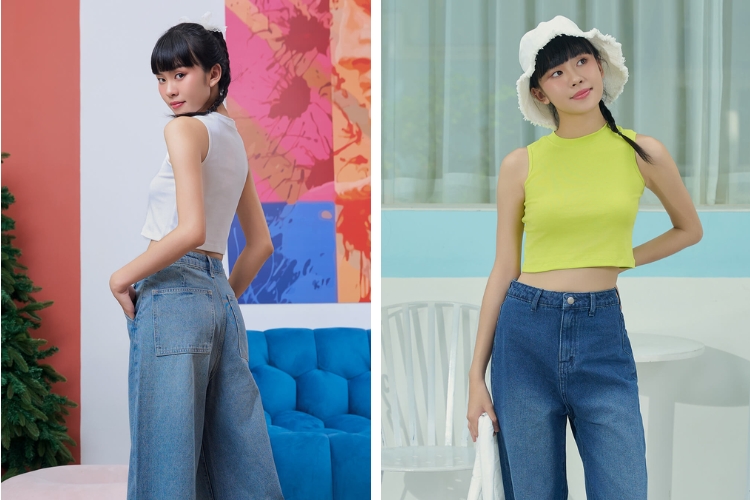 Mix áo tank top cùng quần jean năng động Mix áo tank top cùng quần jean năng động