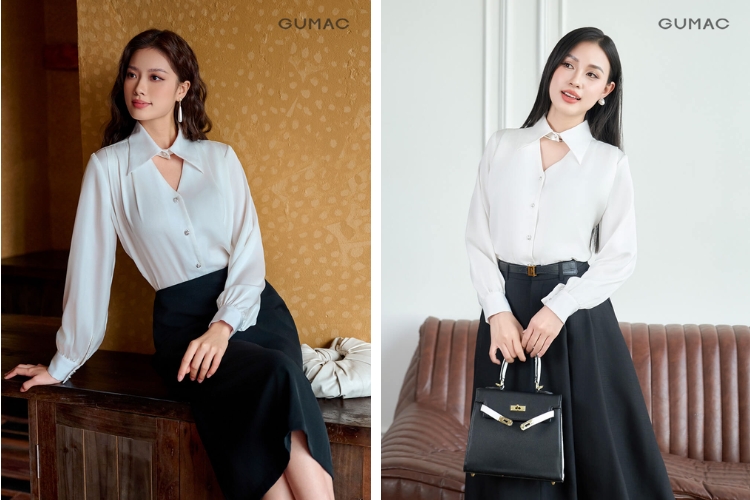 Mix chân váy xòe cùng áo kiểu sơ mi độc đáo Mix chân váy xòe cùng áo kiểu sơ mi độc đáo