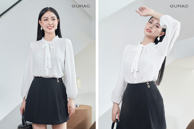 Phối áo sơ mi kiểu cùng chân váy ngắn nữ tính Phối áo sơ mi kiểu cùng chân váy ngắn nữ tính