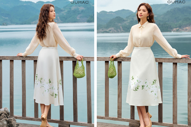 Áo Sơ Mi Mix Chân Váy Họa Tiết