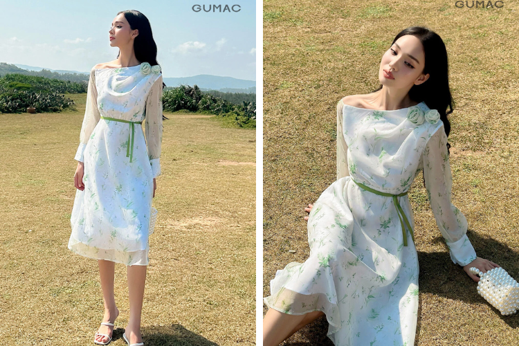 Đầm Lệch Vai Họa Tiết