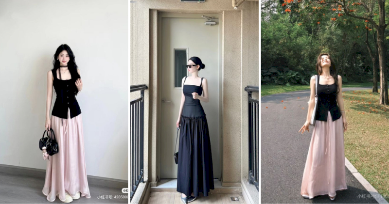 Hai dây áo to bản phối chân váy midi tạo vẻ mát kín đáo