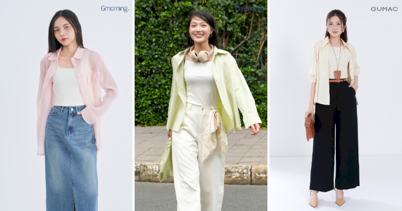 Sơ mi khoác ngoài áo trắng phối quần rộng tạo outfit thanh lịch