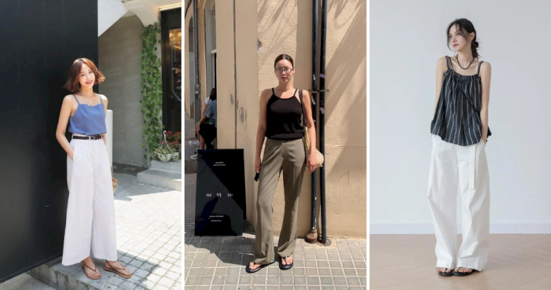 Kết hợp áo hai dây với quần ống suông nhẹ nhàng, phóng khoáng.