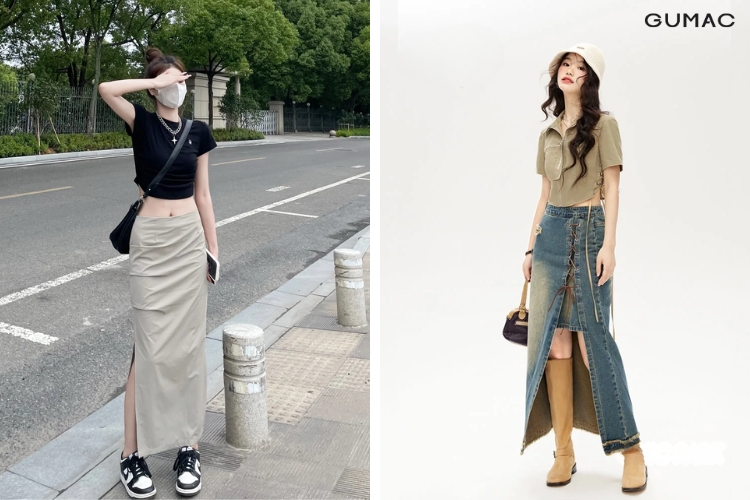 Phối áo croptop với chân váy xẻ tà