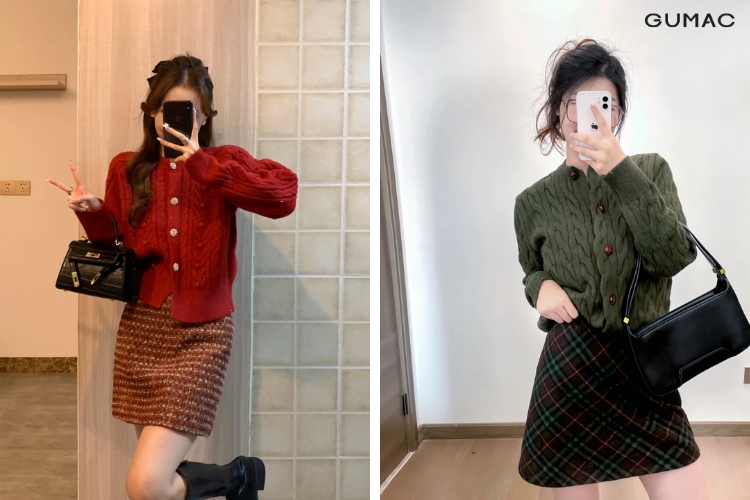 Áo len phối cùng chân váy dạ tweed