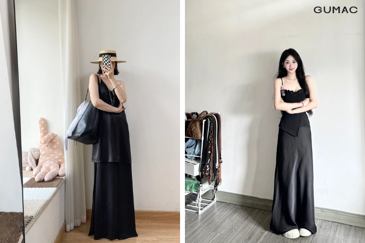 Áo hai dây phối với váy lụa