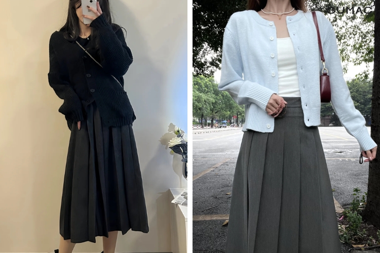 Mix áo len với chân váy xếp ly