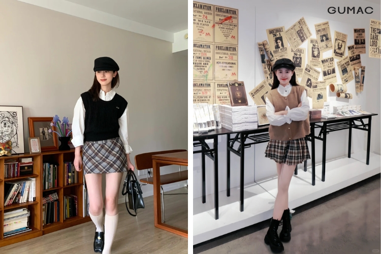 Áo sơ mi cùng áo ghi lê phối với váy caro