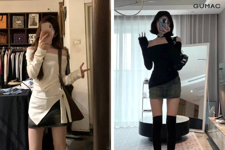 Chân váy chữ A mix cùng áo lệch vai xẻ tà
