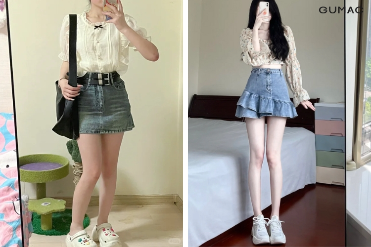 Áo voan tay kết hợp với chân váy jean