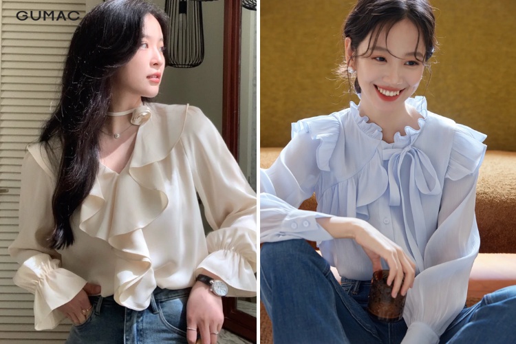 mix sơ mi cổ bèo với quần jean ống loe