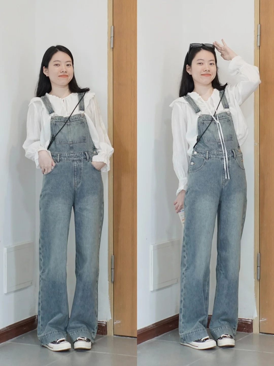 phối áo cổ bèo cùng quần yếm