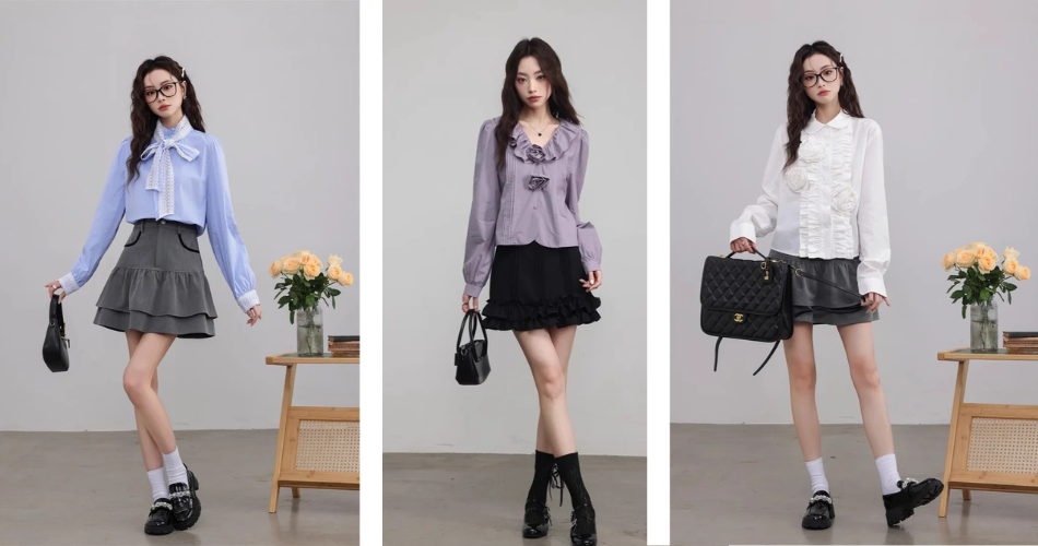 phối đồ với áo sơ mi cổ bèo với váy ngắn