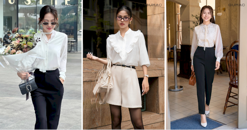 Áo sơ mi cổ kiểu buộc dây hay cổ bèo tinh tế kết hợp quần tây hoặc short — lựa chọn linh hoạt cho phong cách thanh lịch hàng ngày.
