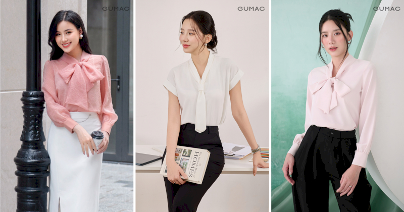 Áo sơ mi cổ kiểu nơ mềm mại kết hợp cùng chân váy bút chì hoặc quần tây tạo nên phong cách công sở thanh lịch, nữ tính.