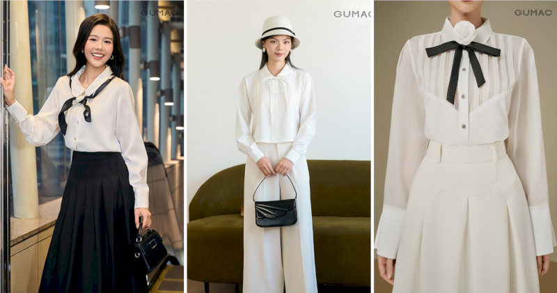 Áo sơ mi cổ nơ tông trắng thanh thoát — phối cùng chân váy xếp ly hay quần culottes là đủ để toát lên vẻ đẹp tinh tế, nhẹ nhàng.