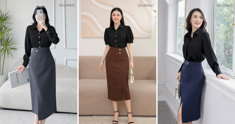 Áo sơ mi đen phối chân váy bút chì sang trọng và cực kỳ chuyên nghiệp.
