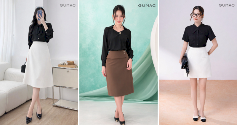 Thăng hạng nét nữ tính với sự kết hợp của áo sơ mi đen và chân váy chữ A.