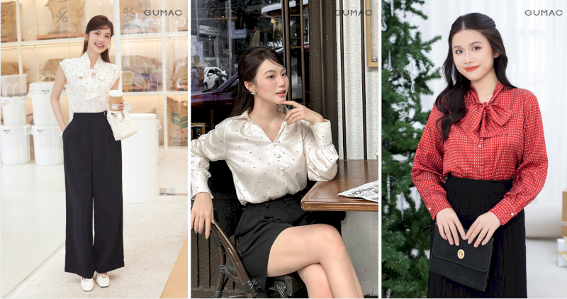 Áo sơ mi họa tiết chấm bi cổ nơ hay cổ V bồng bềnh phối cùng quần tây đen hoặc chân váy xếp ly - điểm nhấn tinh tế giúp tổng thể vừa nữ tính vừa thanh lịch.