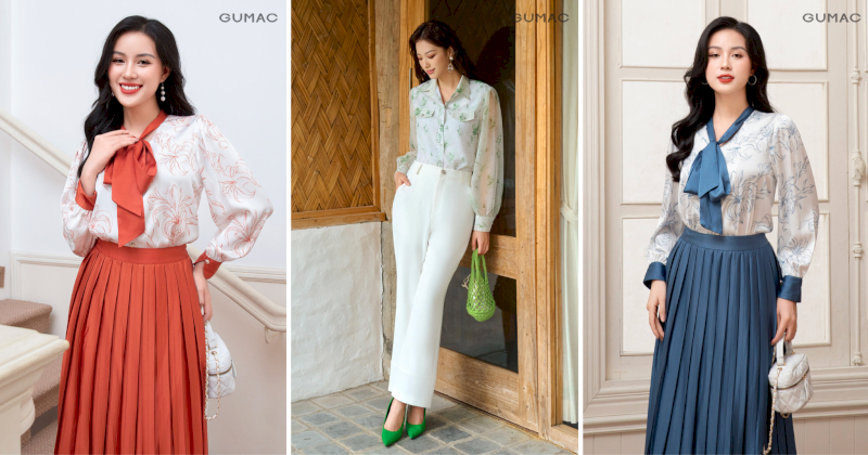Áo sơ mi họa tiết hoa lớn hay hoa nhỏ xuyên thấu cùng cổ nơ nổi bật trở nên rực rỡ khi phối cùng chân váy xếp ly tông hoặc quần ống suông trắng tươi sáng.