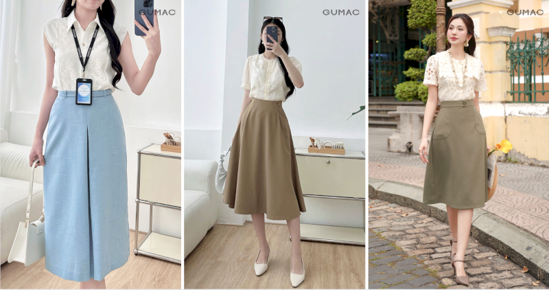 Áo sơ mi họa tiết ren và thêu hoa nhẹ nhàng tôn lên vẻ thanh lịch khi phối cùng chân váy midi - combo hoàn hảo cho ngày đi làm hay dạo phố.