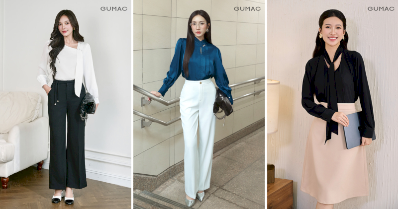 Các kiểu cổ áo độc đáo từ bất đối xứng đến cổ đứng phồng tay dễ dàng nâng tầm set đồ khi mix cùng quần ống suông hoặc chân váy midi.