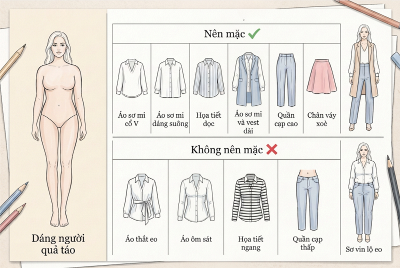 Gợi ý cách phối sơ mi nữ cho dáng người quả táo