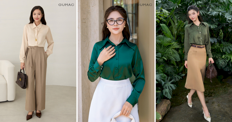 Phối đồ với sơ mi nữ vải lụa với quần ống suông hoặc chân váy midi tương phản màu mang vẻ đẹp sang trọng, nổi bật