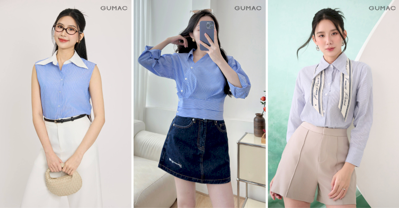 Sơ mi kẻ sọc xanh dễ dàng kết hợp cùng chân váy denim ngắn, quần short hay chân váy midi trắng cho phong cách trẻ trung, năng động.