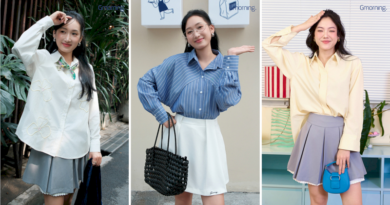 Sơ mi oversized màu pastel nhẹ nhàng kết hợp cùng chân váy ngắn xòe hoặc chân váy xếp ly tạo nên những set đồ trẻ trung, tươi sáng.