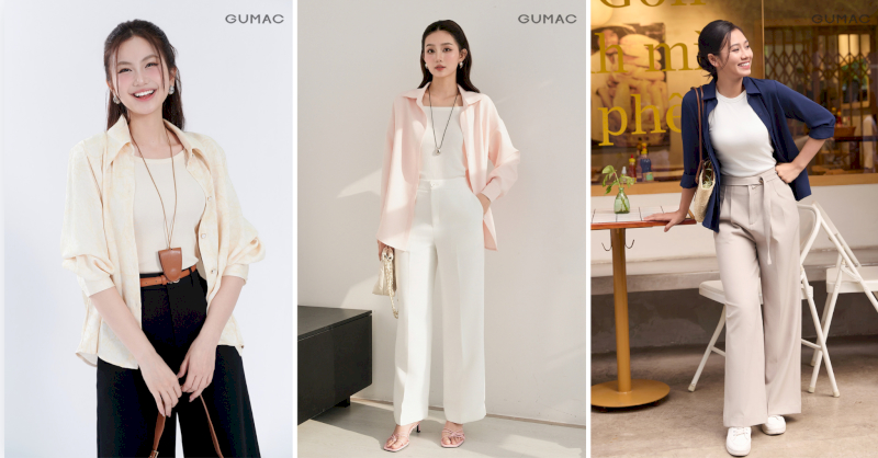 Trẻ trung, phóng khoáng với cách phối đồ áo sơ mi tay dài khoác ngoài cùng quần ống rộng, tạo nên phong cách sành điệu