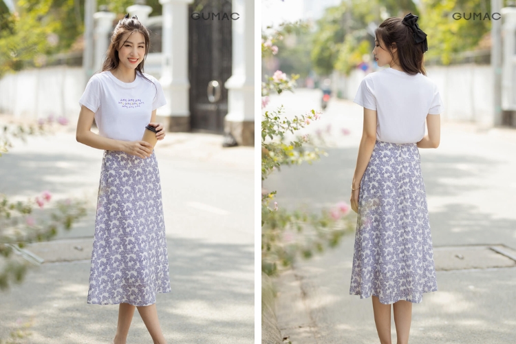 Phối áo thun form rộng cùng chân váy hoa nhí