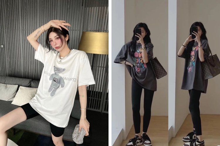 Phối đồ với áo thun form rộng nữ với quần legging