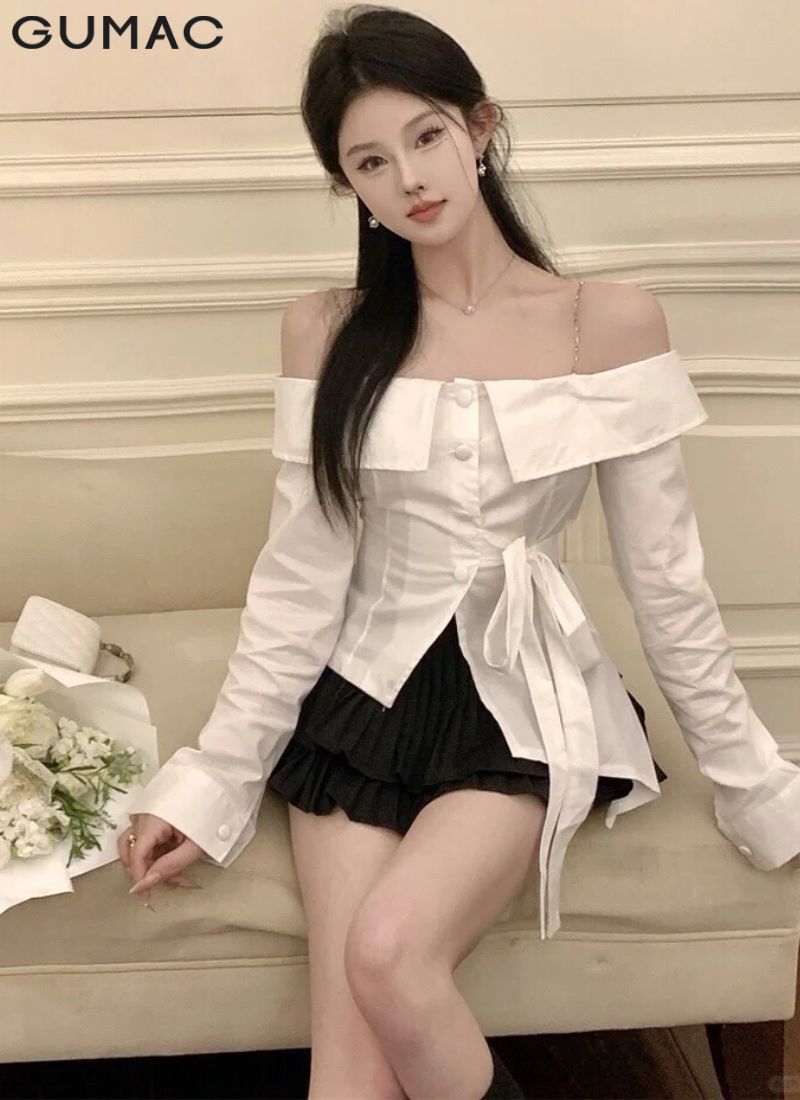 Áo sơ mi trễ vai cùng chân váy ngắn ao so mi tre vai cung chan vay ngan