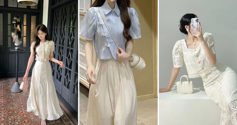 Áo tay bồng cổ vuông hoặc cổ sen mix cùng chân váy trắng dài nữ tính nổi bật.